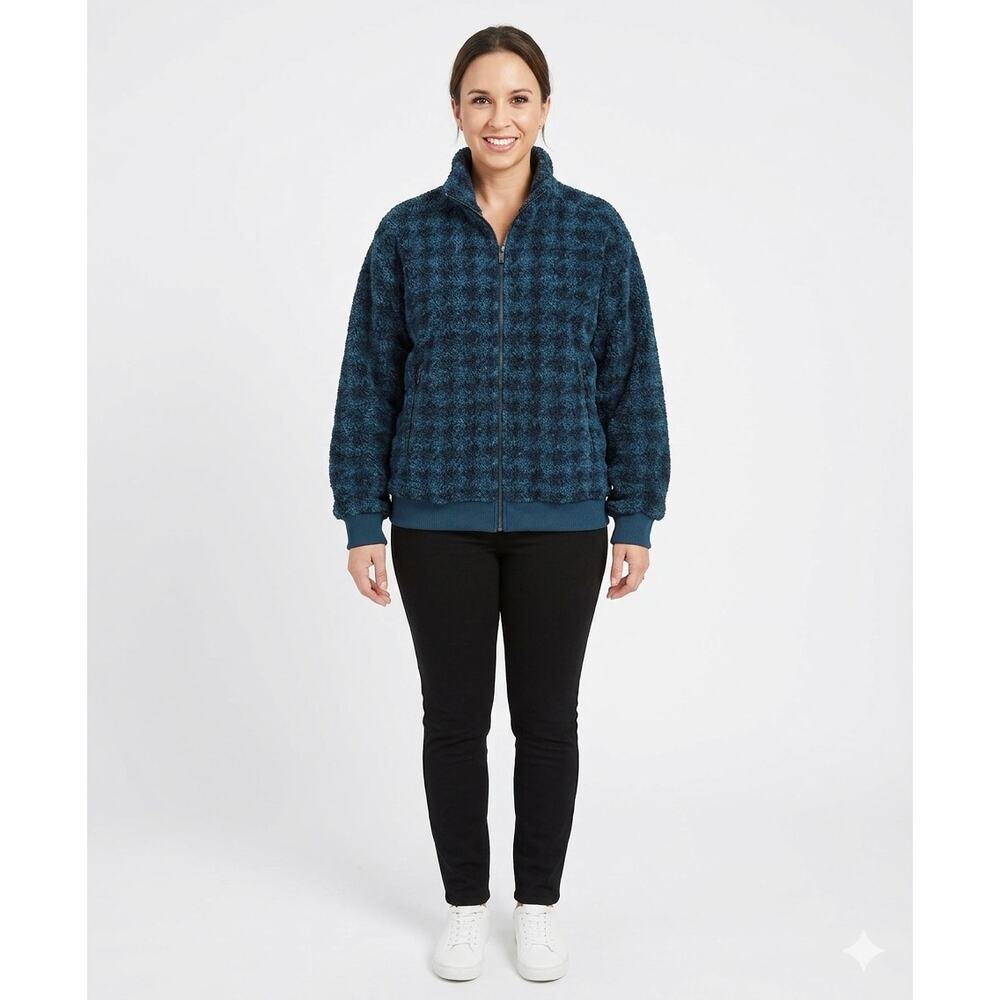 Lacey Chabert Full Zip Sherpa Jacket Blue Houndstooth Womens Size XL Long Sleeve